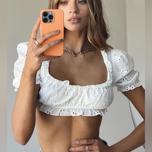 Princess Polly Tops - Princess Polly white Olympia eyelet detail ultra cropped puff sleeve top size 8